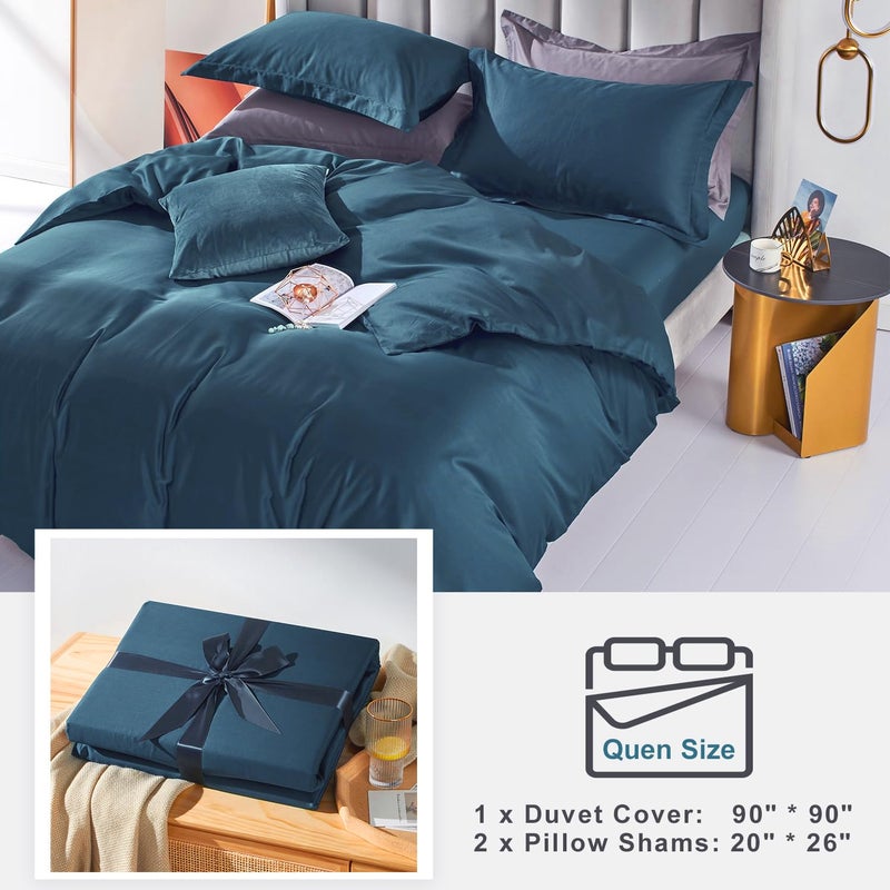 MILDLY 100% Long-Staple Cotton Duvet Cover Peacock Blue Morden Sateen Weave Luxury Comforter Cover Set King Size with Zipper Closure & Corner Tie (No Comforter) - Image 5